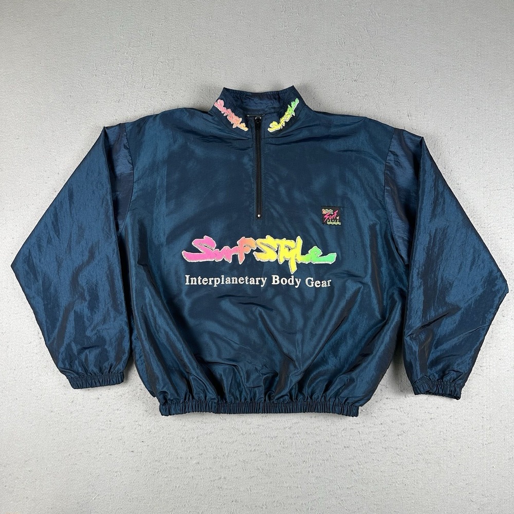 Vintage Surf Style Windbreaker Jacket Dark Blue 1/2 Zip Up Retro Adult One Size
